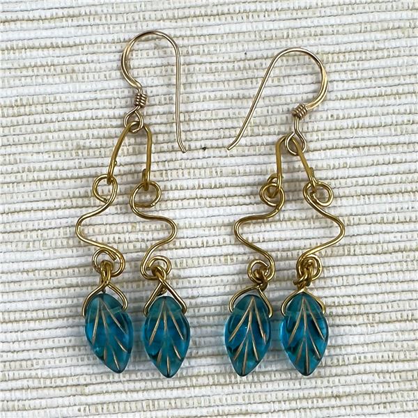 COSTUME JEWELRY DANGLE EARRINGS - BLUE LEAF