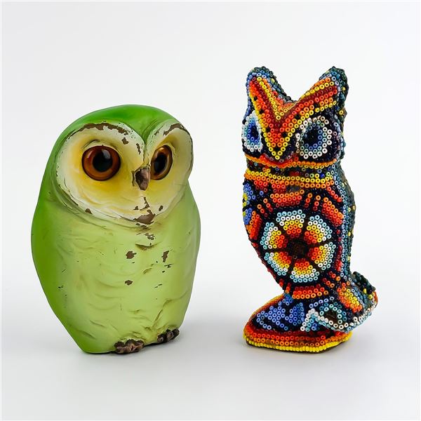 2 OWL FIGURINES - SEED BEADED & PLAIN SCULPTURES