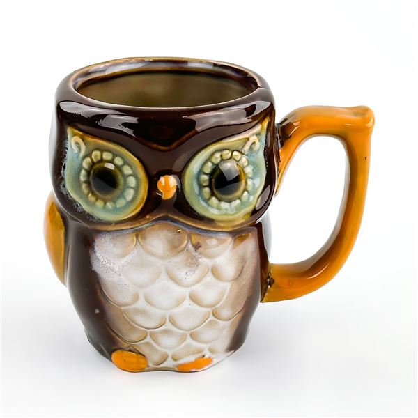 VTG GLAZED CERAMIC POTTERY OWL COFFEE MUG CUP