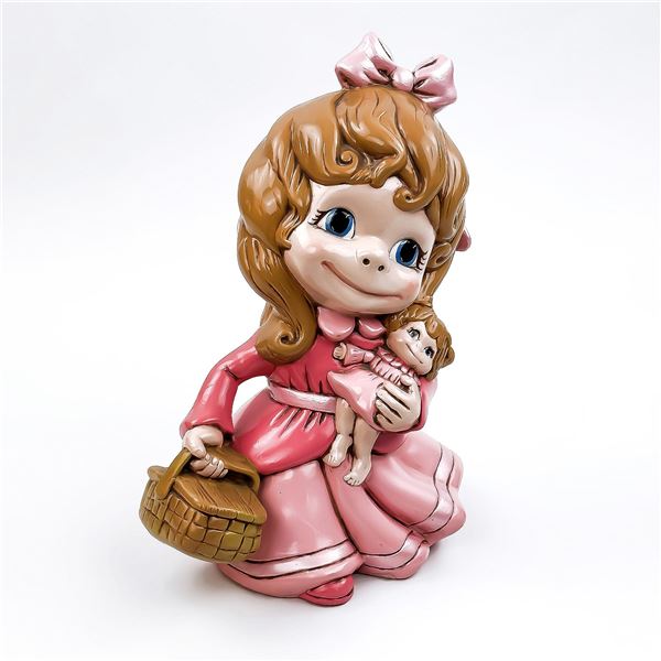VINTAGE CERAMIC SMILING GIRL WITH DOLL SCULPTURE