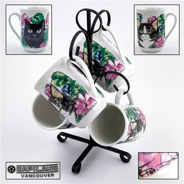 SET OF 4 KITTY CAT COFFEE MUGS & RACK - CAPILLANO