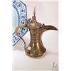 Image 2 : Antique Turkish bronze/ brass coffee pot with woven handle, 12" in height and a hand painted glazed 