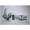 Image 1 : Two pieces of art glass including Chalet style green, 13" in height and a green fading to pink bowl,