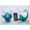 Image 1 : Two pieces of art glass including teal swan neck and a blue with trapped bubbles, each approximately