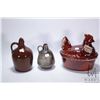 Image 1 : Musical stoneware jug with stopper, Nesting hen glazed casserole dish marked "Hull Oven Proof USA" a