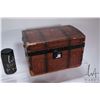 Image 2 : Antique doll trunk, 12" wide X 8" high X 7 3/4" and contents including French made steel buckles, sm