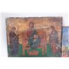 Image 2 : Selection of two wooden and four leather religious icons including St. Simeon the monk, Christ on th