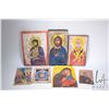 Image 1 : Selection of three wooden and four leather hand painted religious icons including Christ of Good Fai