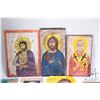 Image 2 : Selection of three wooden and four leather hand painted religious icons including Christ of Good Fai