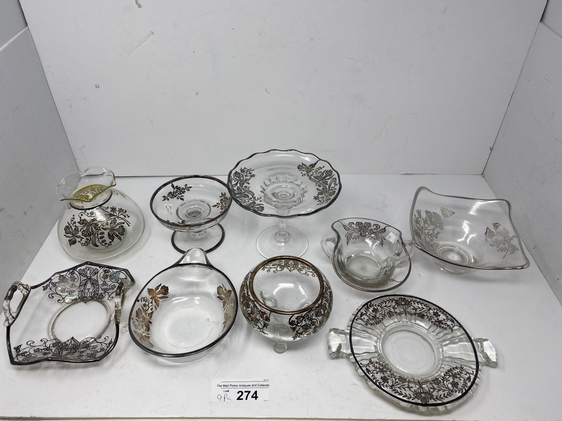 Vintage Collectible Silver Overlay Glass Dishes, Bowls, Plates, Cups, Etc..