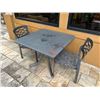 Image 1 : Square Table on Metal Pedestal Base w/ 2 Chairs (outdoors - tops damaged/stained)