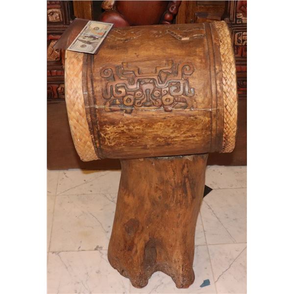 APOCALYPTO MAYAN DRUM WITH BASE HAND CARVED WOOD AND LEATHER