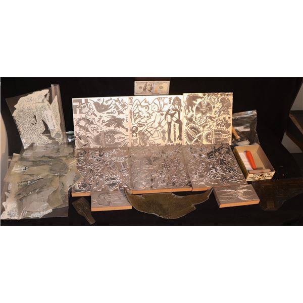 THE CROW LOT OF VINTAGE TATTOO PLATES ALUMINUM ON WOOD FROM THE 60's