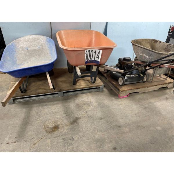 WHEEL BARROWS, PUSH MOWER, FLOOR JACKS & BATTERY CHARGER