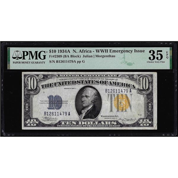 1934A $10 North Africa WWII Emergency Silver Certificate Note PMG Very Fine 35EPQ