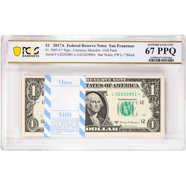 Pack of 2017A $1 Federal Reserve STAR Notes SF Fr.3005-L* PCGS Superb Gem Unc 67PPQ