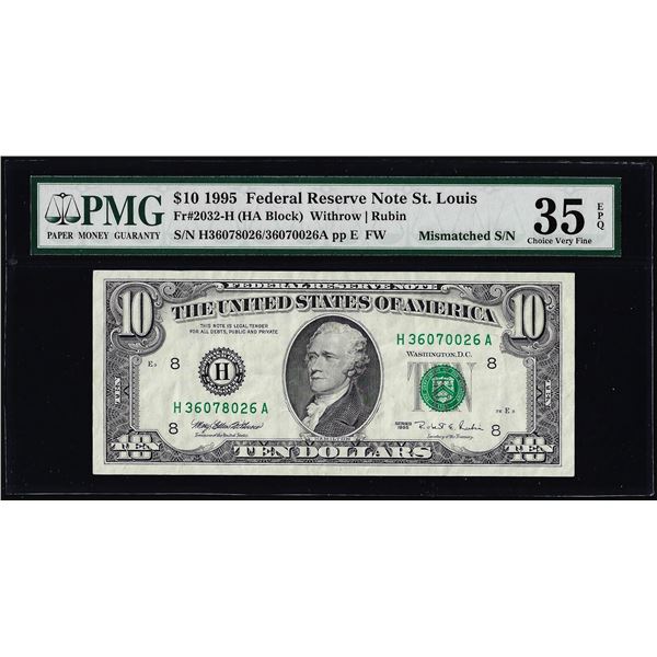 1995 $10 Federal Reserve Note Mismatched Serial Number Error PMG Ch. Very Fine 35EPQ