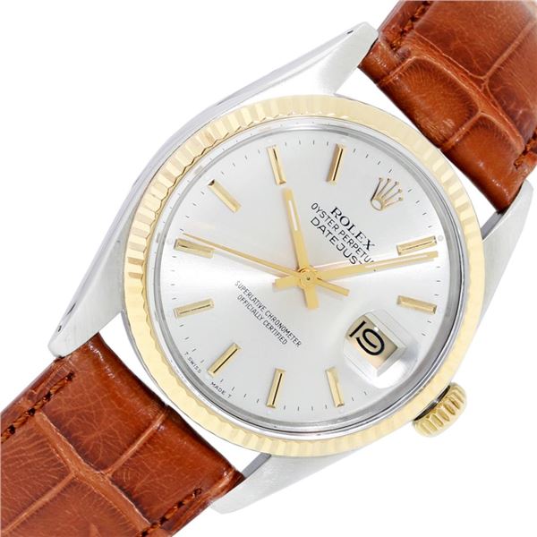 Rolex Mens Two Tone Silver Index Datejust Wristwatch With Leather Band