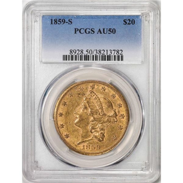 1859-S $20 Liberty Head Double Eagle Gold Coin PCGS AU50