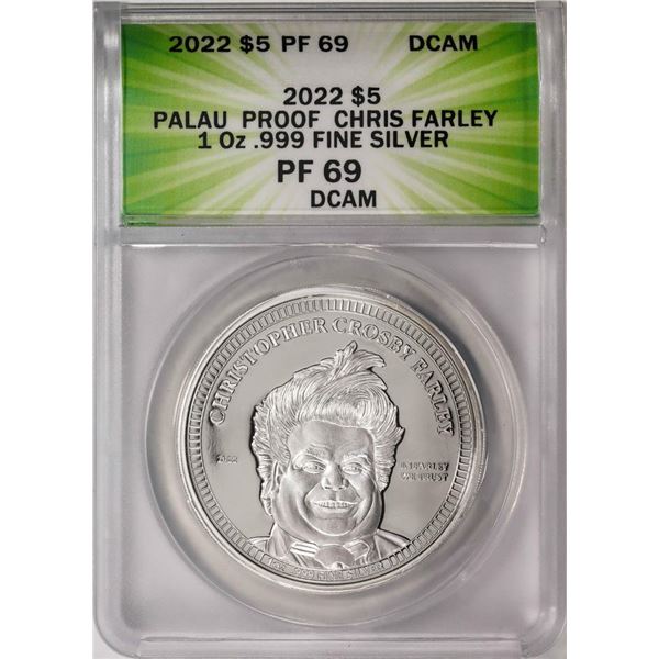 2022 $5 Palau Proof Chris Farley Silver Coin ANACS PF69DCAM