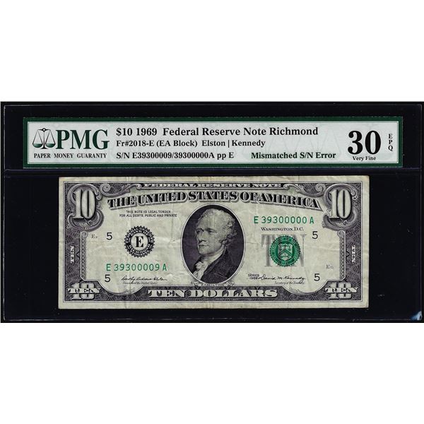 1969 $10 Federal Reserve Note Mismatched Serial Number Error PMG Very Fine 30EPQ