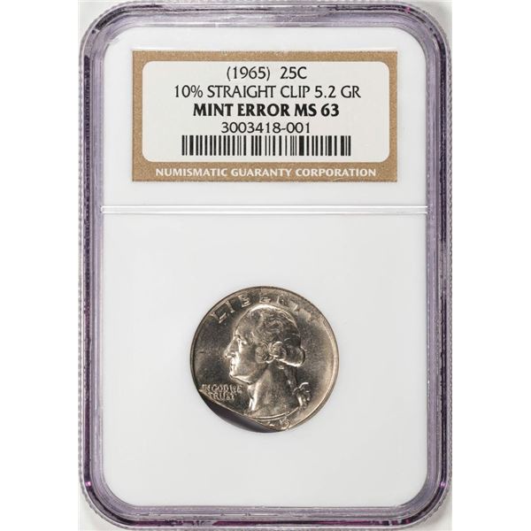 1965 Washington Quarter Coin 10% Straight Clip NGC Mint Error MS63