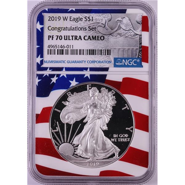 2019-W $1 Proof American Silver Eagle Coin NGC PF70 Ultra Cameo Congratulations Flag