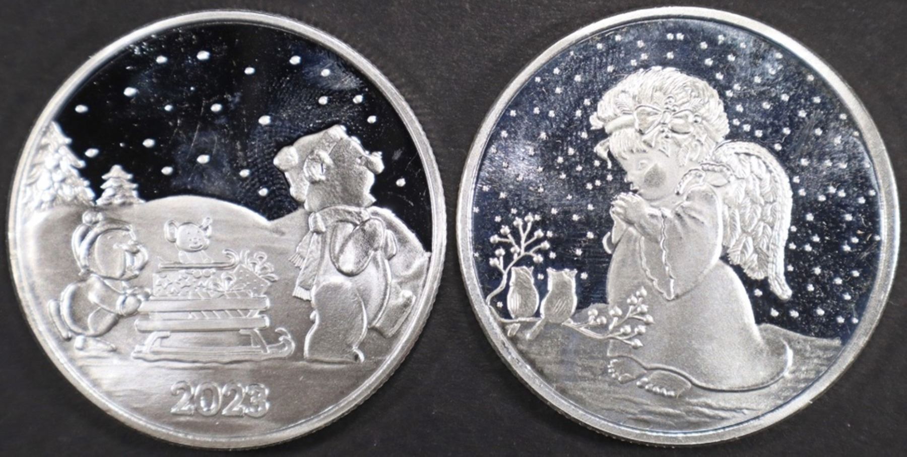 (2) 1 OZ .999 SILV 2023 XMAS SLED & ANGEL ROUNDS