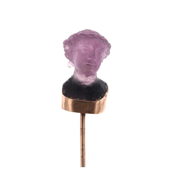 19th C. Purple Tourmaline Bust 9K Gold Stick Pin