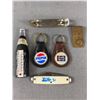 Image 2 : Lot Of Pepsi Cola Collectibles - Mini Full Bottles In crate, Bottle/Can Openers, Coin Bank & More