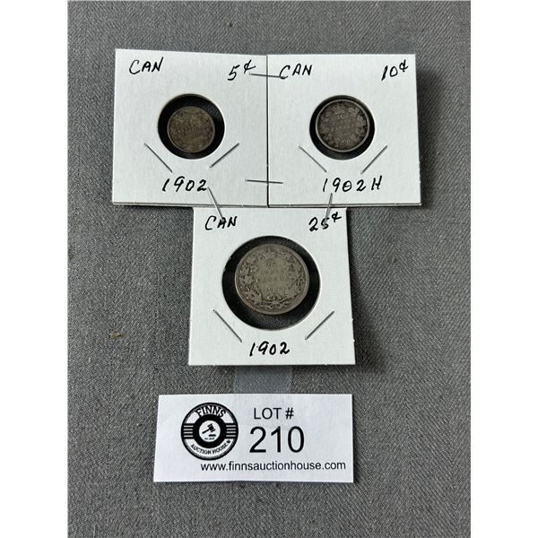 3 - 1902 Canadian Coins. 5cent, 10cent & 25cent