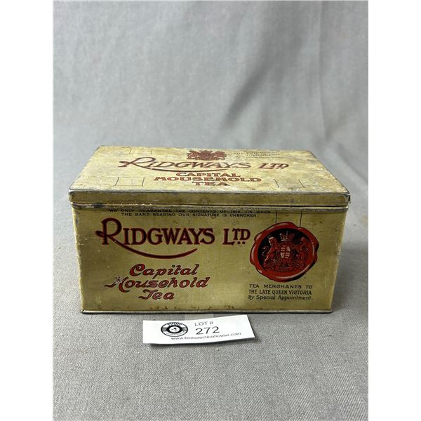 1920's Ridgways Ltd Capitol Household Tea Tin, Hinged Lid. Approx. 6 3/4" x 4" x 3 1/4"