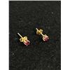 Image 2 : Pair of 14k Gold Stud Earrings with 2 Tiny Genuine Rubies in Good Condition