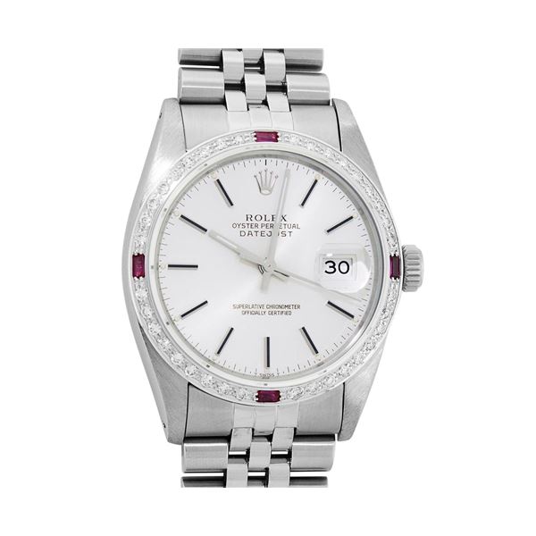 Rolex Mens Stainless Steel Silver Index 18K White Gold Diamond & Ruby Bezel 36MM