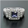 Image 2 : 14K White Gold 1.65 ctw Princess Iolite Bezel Solitaire Diamond Halo Brushed Rin