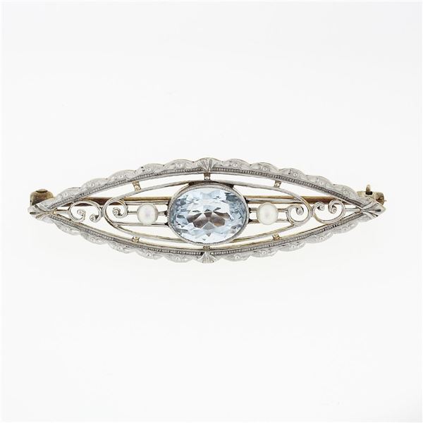Antique Krementz Art Nouveau 14k Gold 1.25 ctw Aquamarine & Pearl Open Brooch Pi