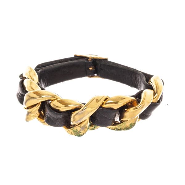 Chanel Black Gold Plated Leather Chain Bracelet