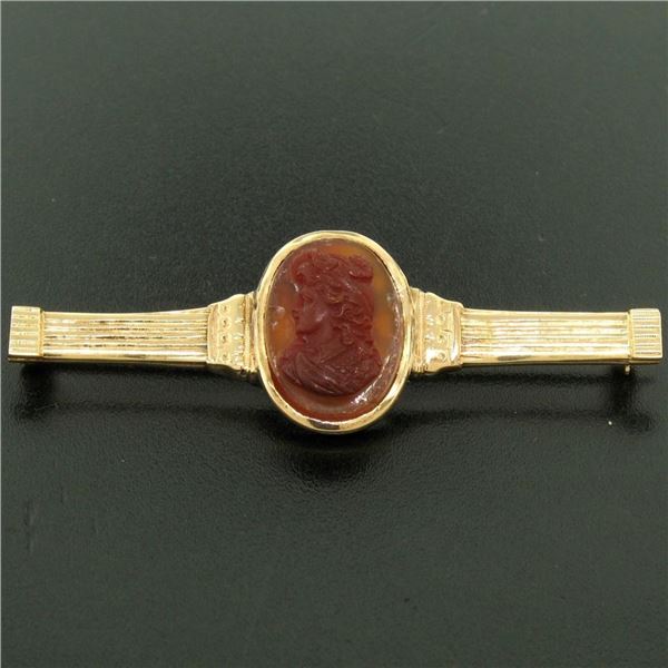 Antique Victorian 15k Solid Rosy Yellow Gold Carved Carnelian Bar Pin Brooch