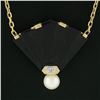 Image 5 : 14k Yellow Gold Fan Shape Carved Black Onyx Diamond Pearl Pendant On Cable Chain