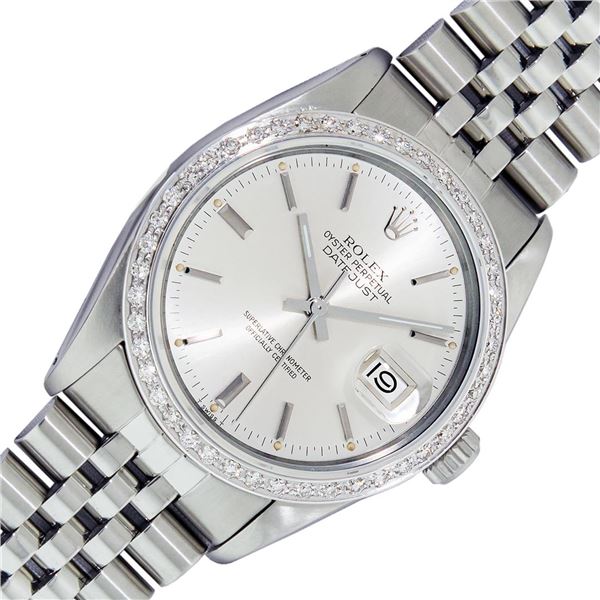Rolex Mens Stainless Steel Silver Index Diamond Bezel Datejust  36MM