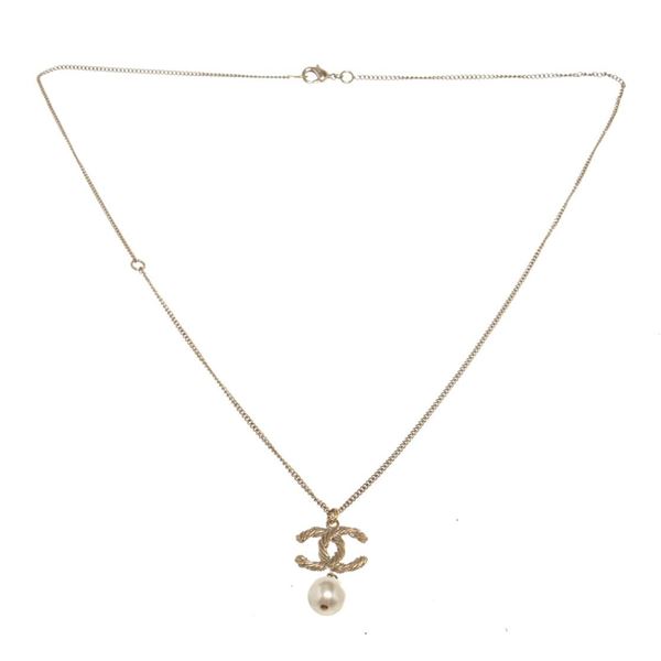 Chanel CC Dangle Pearl Pendant Gold-tone Necklace