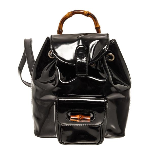 Gucci Black Patent Leather Bamboo Backpack