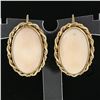 Image 2 : Vintage 14k Gold Oval Cabochon Pink Angel Skin Coral Twisted Frame Drop Earrings