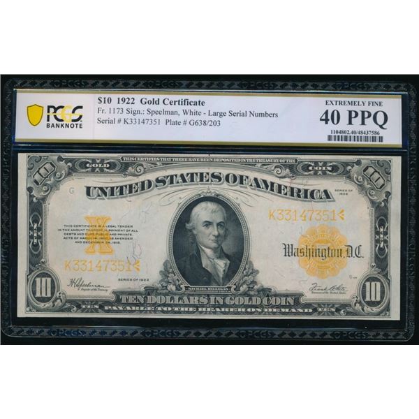 1922 $10 Gold Certificate PCGS 40PPQ