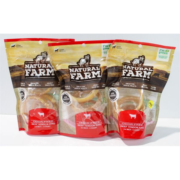 3 PK NATURAL FARM BEEF TENDON RINGS ALL NATURAL DOG CHEWS
