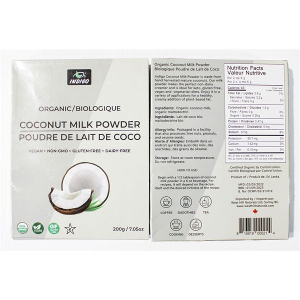 TWO INDIGO ORGANIC COCONUT MILK POWDER 200G PER
