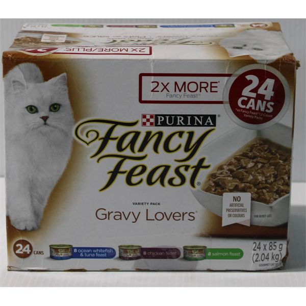 24 CANS PURINA FANCY FEAST GRAVY LOVERS CAT FOOD OCEAN WHITEFISH, CHICKEN FEAST, SALMON FEAST