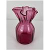 Image 2 : Cranberry Art Glass Vase with Ruffled Rim