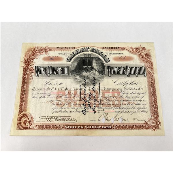 Great Falls Montana Water Power Stock Certificate