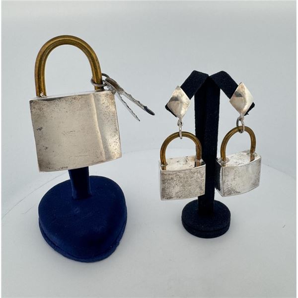 Sterling Silver Padlock Brooch & Earring Set